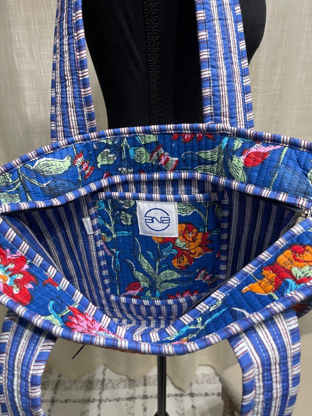 (New) Blue Floral Quilted Tote Bag - Women's Shoulder Bag - Picture 2 of 5